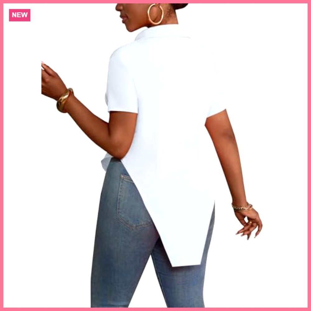 Polyester Blend Button Front V-Neck Blouse with S… - image 6